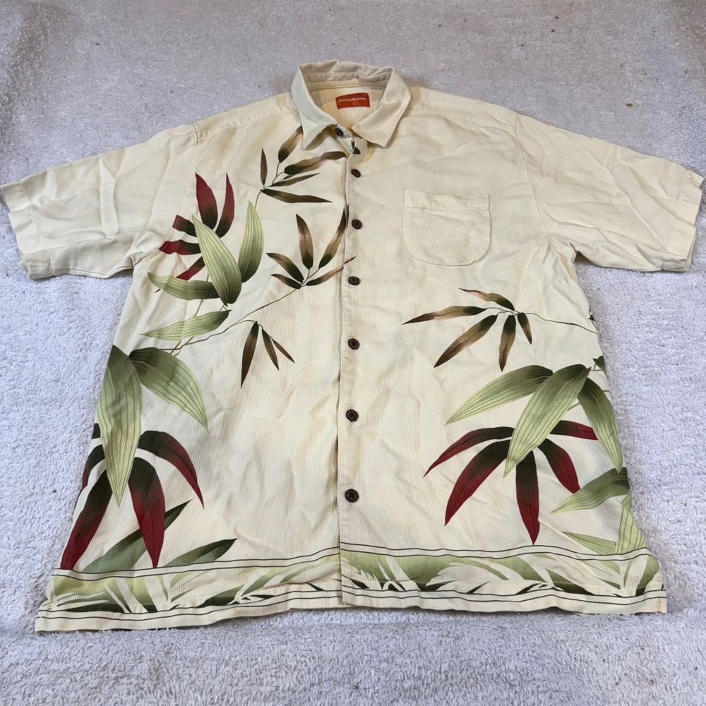 Tommy Bahama Mens Silk Bamboo Tropical Camp Shirt Yellow Large‎ L Short Sleeve